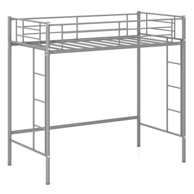 Tangkula Metal Twin Size Loft Bed Heavy Duty Loft Bed Frame with Safety Guardrail 2 Integrated Ladders Space-Saving Design Black/Silver/White