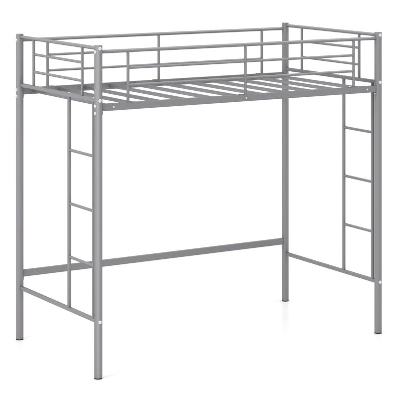 Tangkula Metal Twin Size Loft Bed Heavy Duty Loft Bed Frame with Safety Guardrail 2 Integrated Ladders Space-Saving Design Black/Silver/White, 1 of 10