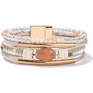 Leather Wrap Bracelet with Crystal Beads & Stone Charm, Boho Cuff with Clasp for Women - 1 of 4