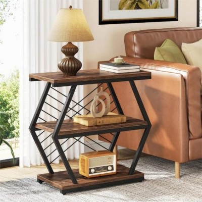 Syemin End Tables Industrial 3-Tier End Table, Side Table with Storage Shelves, Accent Table for Living Room, Bedroom, Brown, 25.59"*11.81"*24.8"