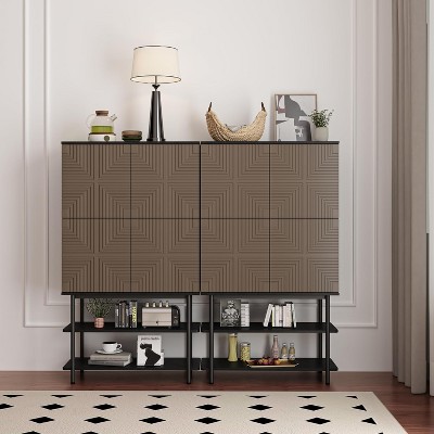 SAINTCY Mid Century Modern Bar Cabinet with Lights, 55" Tall Wine Storage Buffet with Glass Rack, Living Room Dry Bar Cabinet