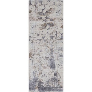 HomeRoots 12' Ivory Gray and Blue Abstract Power Loom Worn Faded Runner Rug - 1 of 3