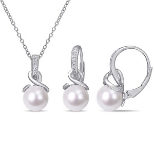 EVERLY JEWELRY | Sterling Silver 8 - 8.5 MM Cultured Freshwater Pearl and 1/10 CT TW Diamond Twist Leverback Earrings and Pendant with Chain - 1 of 4