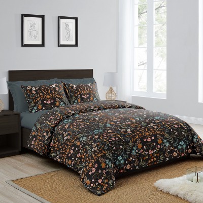 Boho Black and Orange Floral Queen Duvet Cover Set
