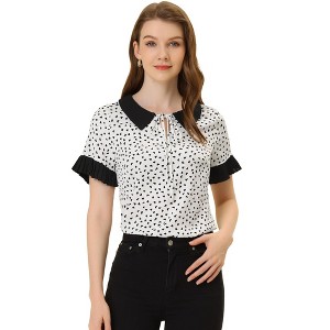 Allegra K Women's Contrast Doll Collar Polka Dots Short Sleeves Blouse - 1 of 4