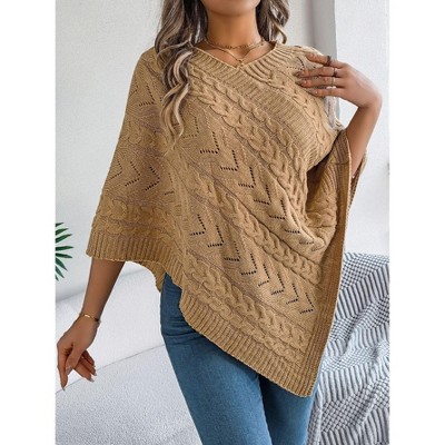 Coolmee Women's Versatile Knitted Cape Shawl Wrap Cardigan for Women Elegant Wrap V Neck Cable Knit Hollow Out Pullover Sweater Jumper Top XL Khaki