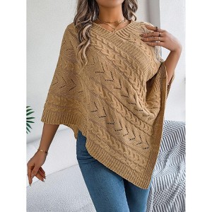 Coolmee Women's Versatile Knitted Cape Shawl Wrap Cardigan for Women Elegant Wrap V Neck Cable Knit Hollow Out Pullover Sweater Jumper Top XL Khaki - 1 of 4