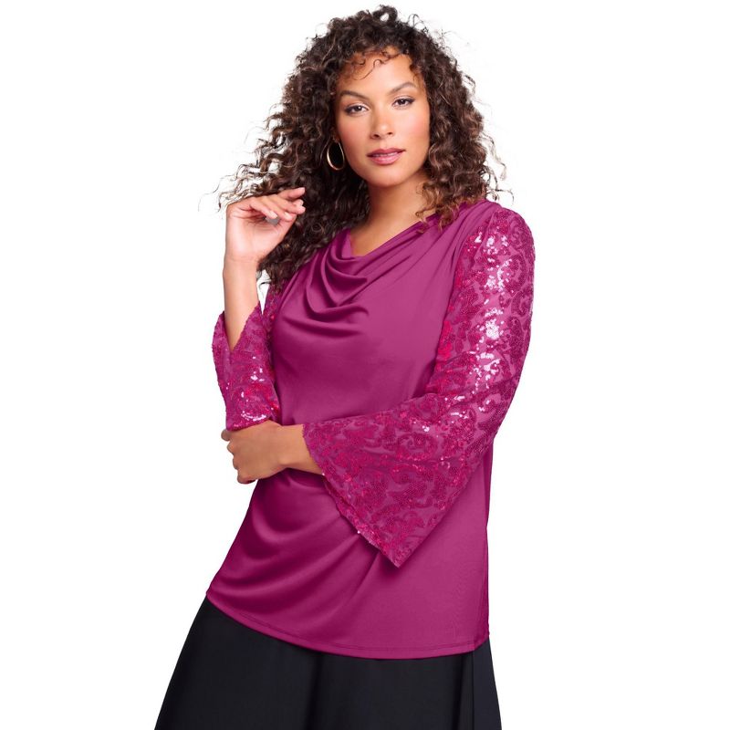 Roaman's Women's Plus Size Ultrasmooth® Fabric Embellished Bell-Sleeve Blouse, 1 of 2