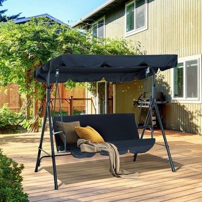 Black Steel Frame 3-Seat Outdoor Patio Swing with Adjustable Canopy