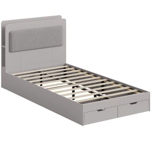 Twin Size Bed Frame With Headboard And Storage Shelves, Bed Frame With Drawers Underneath, Noise Free Mattress Foundation, No Box Spring Needed - 1 of 4