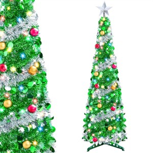 JOYFY 5 FT Tinsel Christmas Tree, Pre Lit Collapsible Tree with 50 LED Lights and Ornaments for Home Holiday Christmas Party Indoor Decoration - 1 of 4