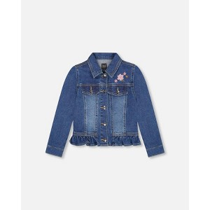 Deux par Deux Girl Denim Jacket Blue with Ruffle Hem and Floral Embroidery - 1 of 4