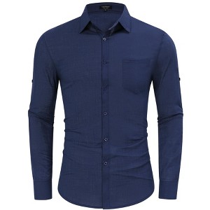 Mens Button Down Linen Shirts Casual Long Sleeve Dress Shirts Regular Fit Cotton Beach Yoga Shirts with Pocket - 1 of 4