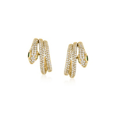 Ross-Simons 1.10 ct. t.w. CZ and .20 ct. t.w. Simulated Emerald Snake C-Hoop Earrings in 18kt Gold Over Sterling