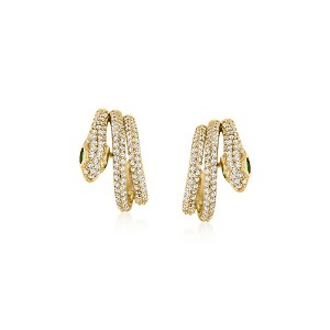 Ross-Simons 1.10 ct. t.w. CZ and .20 ct. t.w. Simulated Emerald Snake C-Hoop Earrings in 18kt Gold Over Sterling - 1 of 4