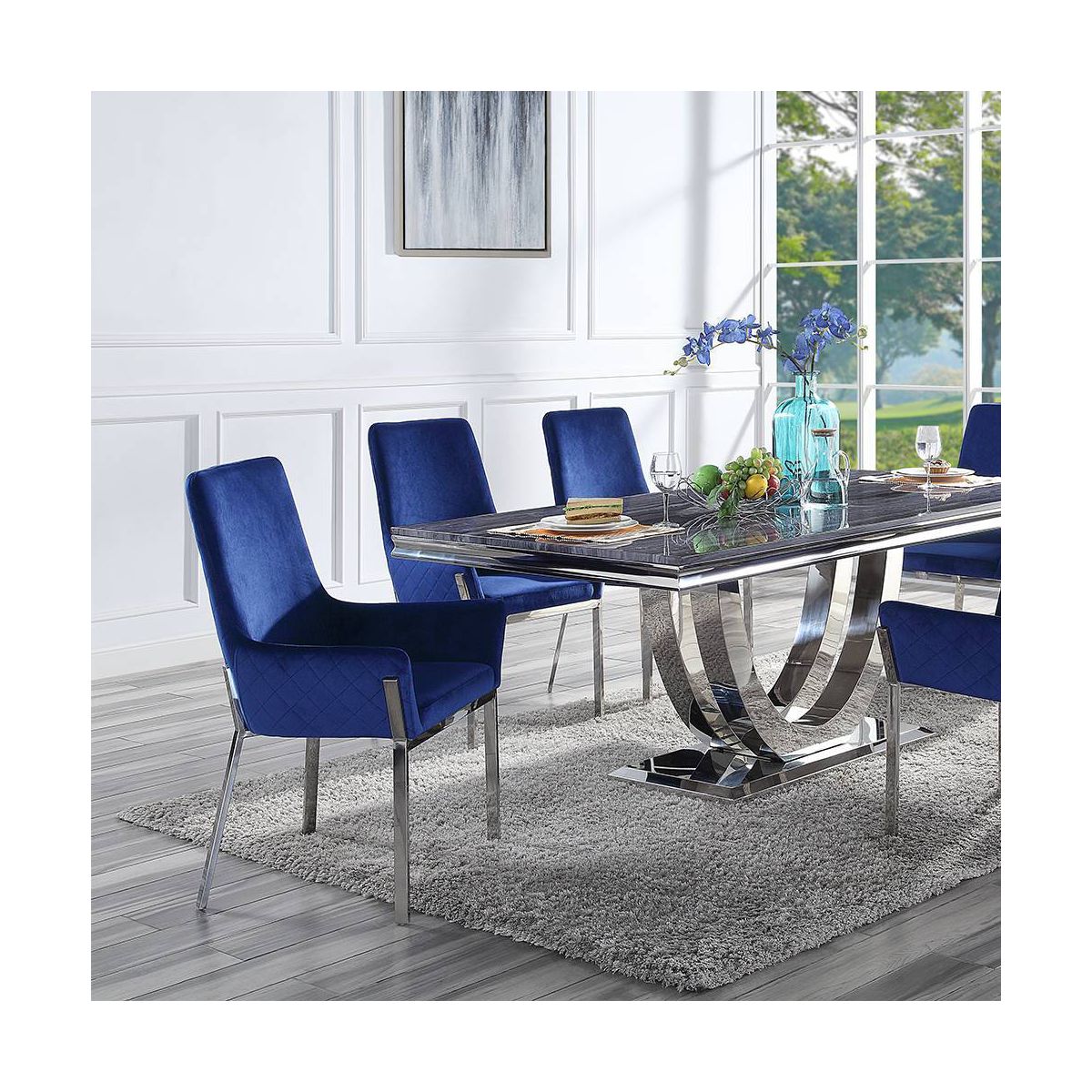 Set of 2 25" Cambrie Dining Chairs: Mirrored Silver, Blue Velvet Upholstery - Acme Furniture