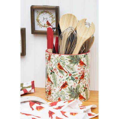 Festive Ceramic Cardinal Greenery Utensil Crock