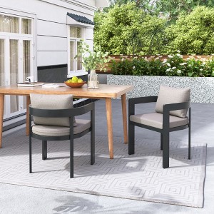 Christopher Knight Home Landon Patio Modern Aluminum Upholstered Dining Chairs with Wood Grain Finish (Set of 2) - 1 of 4