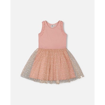 Deux par Deux Girl Bi-Material Dress with Printed Dots on Mesh Skirt Warm Old Pink
