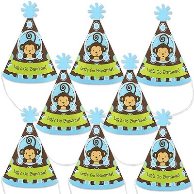 Big Dot of Happiness Blue Monkey Boy - Mini Cone Baby Shower or Birthday Party Hats - Small Little Party Hats - Set of 8