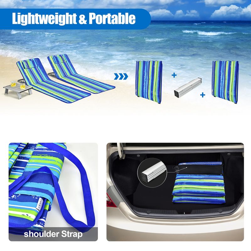 Costway 3-Piece Beach Lounge Chair Mat Set 2 Adjustable Lounge Chairs with Table Blue\Stripe, 5 of 10