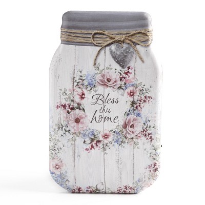 Lakeside Lighted Bless This Home Mason Jar Wall Art with Painted Floral Accents