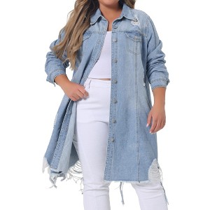 Agnes Orinda Women's Plus Size Classic Distressed Fray Hem Trucker Denim Jean Jackets - 1 of 4