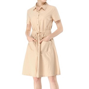 INSPIRE CHIC Women's Point Collar Front Elastic Waist Drawstring Mini Shirt Dress with Pocket - 1 of 4