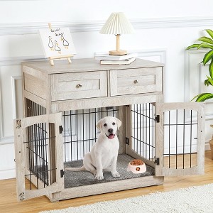 Dog Crate Furniture, Indoor Dog Kennel - Wooden Crate with Storage Drawers, Cushion, 3 Doors, Side End Table for Small/Medium Dogs - 1 of 4