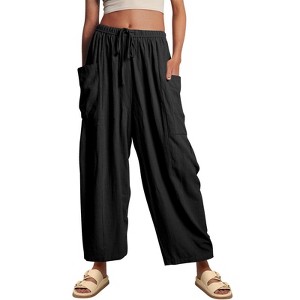 Womens Wide Leg Palazzo Pants High Waist Flowy Casual Trousers Loose Lounge Beach Travel Vacation Pants with Pockets Black M - 1 of 4