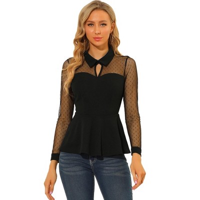 Allegra K Women's Mesh Sheer Long Sleeve Turn Down Collar