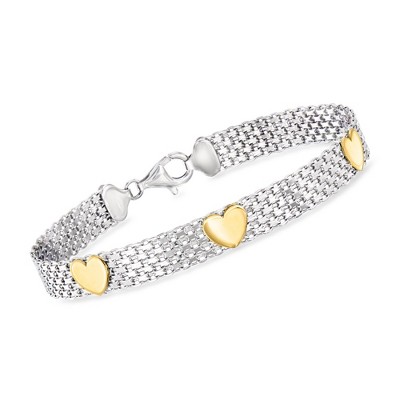 Ross-Simons Sterling Silver and 18kt Gold Over Sterling Heart Bismark-Chain Bracelet