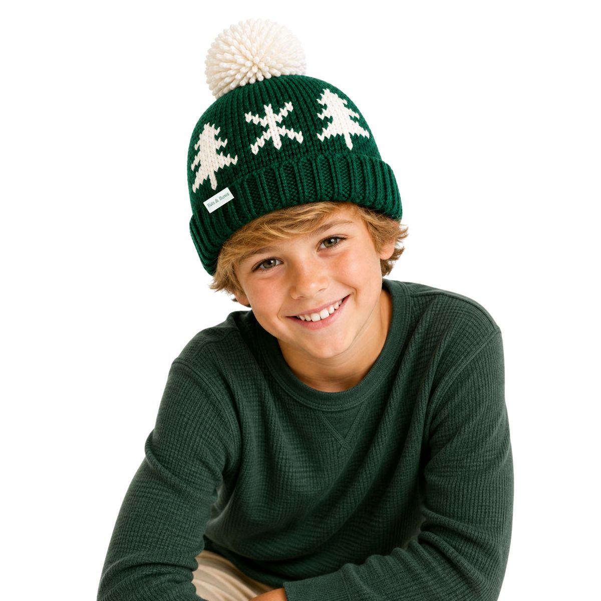 Bits & Bows Unisex Evergreen Bobble Hat, Green/Ivory - thumbnail 3