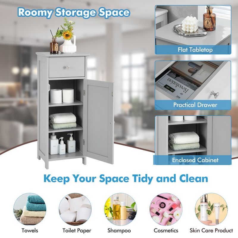 Costway Wooden Bathroom Floor Storage Cabinet Organizer w/ Drawer Adjustable Shelf Brown\White\Black\Grey, 5 of 11