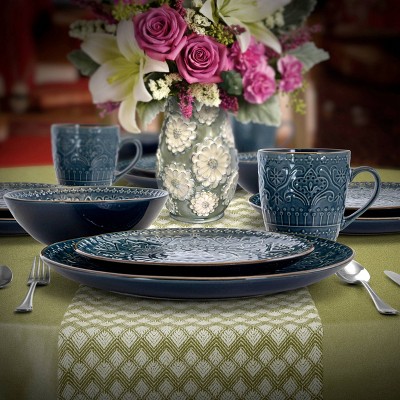 Deep Blue Ceramic Coastal Dinnerware Set, Service for 4