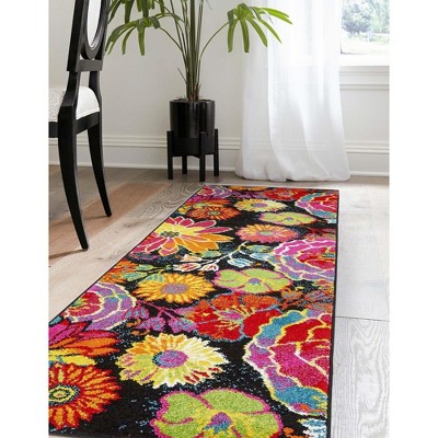 Lyon Kennedy Floral Black and Yellow 2' x 6' Synthetic Runner Rug