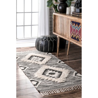 Savannah Moroccan Black Wool Shag Rug with Geometric Pattern