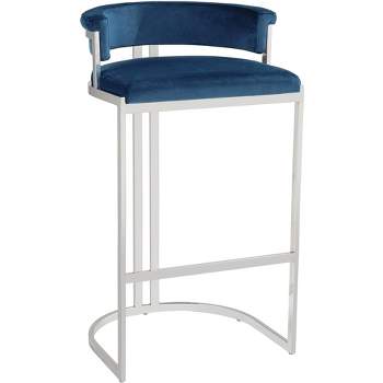Studio 55D Jazmin Polished Stainless Steel Bar Stool Silver 31" High Modern Blue Cushion with Low Backrest Footrest for Kitchen Counter Height Island