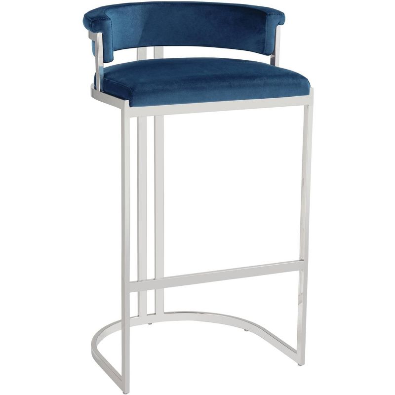 Studio 55D Jazmin Polished Stainless Steel Bar Stool Silver 31" High Modern Blue Cushion with Low Backrest Footrest for Kitchen Counter Height Island, 1 of 10