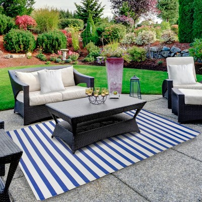 4' x 6' Blue and White Striped Synthetic Outdoor Rug