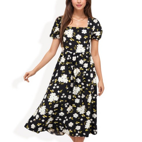 Anna-kaci Women's Puff Sleeve Floral Midi Dress With Square Neckline ...