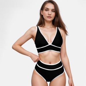 Anna-Kaci Swim Women's High Waist Bikini Set with White Contrast Piping and Wide Band Triangle Top - 1 of 4