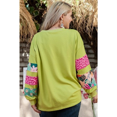 Green Plus Size Printed Patchwork Sleeve Split Sweatshirt