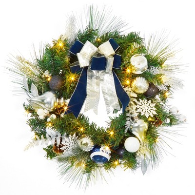 24 In Christmas Wreaths for Front Door,Prelit Wreath with LED Lights Pine Cones Ball Ornaments for Fireplace Mantle Indoor Outdoor Xmas Decor