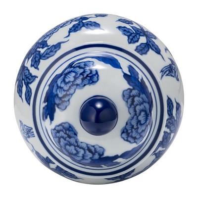 8" White and Blue Ceramic Temple Jar with Lid