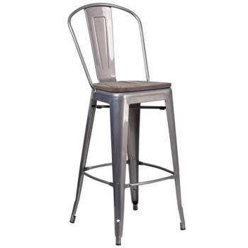 Merrick Lane Clear Coated 30" Bar Height Stool with Powder Coated Metal Frame and Textured Wooden Seat