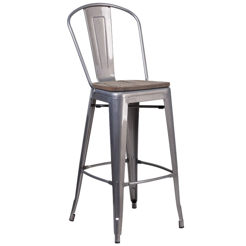 Merrick Lane Clear Coated 30" Bar Height Stool with Powder Coated Metal Frame and Textured Wooden Seat, 1 of 9