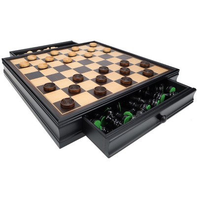 15-inch Black and Natural Wood Chess and Checkers Set with Storage Drawers