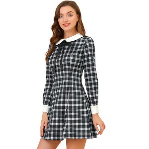 Allegra K Women's Peter Pan Collar Fit and Flare Mini Plaid Tartan A Line Dresses - 1 of 4