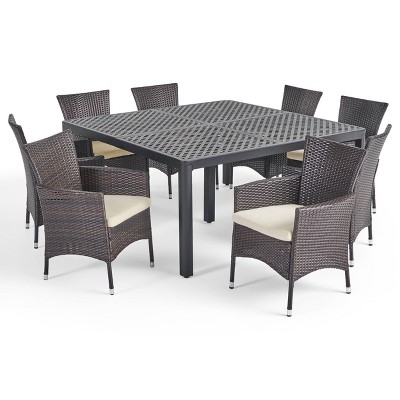 Bragdon 9pc Aluminum & Wicker Patio Dining Set - Matte Black/Brown/Beige - Christopher Knight Home